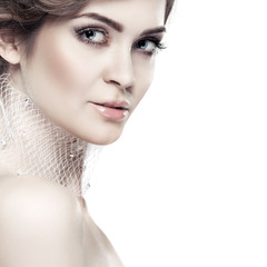 Naklejka premium Beautiful girl, isolated on a white, emotions, cosmetics