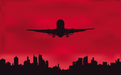 The plane against the night city