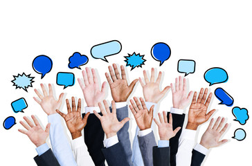 Business People's Hands Raised with Speech Bubble