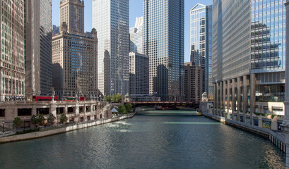 Fototapeta na wymiar Skyscraper at waterfront, La Salle Street Bridge, Chicago River,