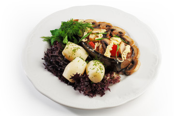 stuffed eggplant and potatoes with mushrooms