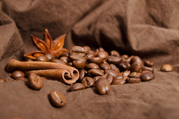 Coffee beans with stars of anise and cinnamon sticks