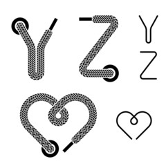 vector shoe lace alphabet letters Y Z heart - obrazy, fototapety, plakaty