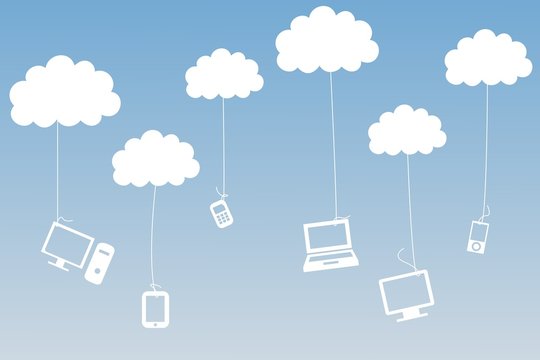Media devices hanging from clouds