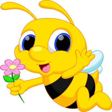 Cute bee cartoon flying while carrying flowers