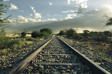 Railway tracks running through South African bushveld - 64707214