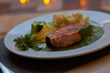 salmon steak with vegetables