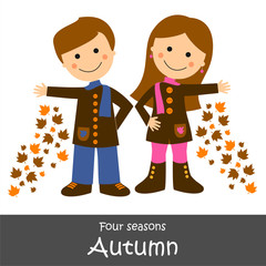 Niño y niña jugando con las hojas en otoño. Ilustración vectorial