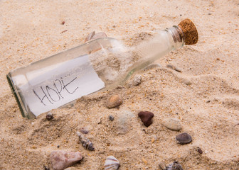 Concept image of a message HOPE in a bottle