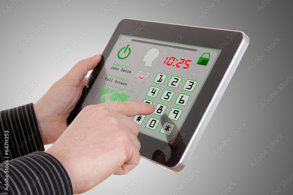 Aufkleber man pressing the security code in tablet