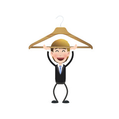 Businessman with wooden hanger over white background