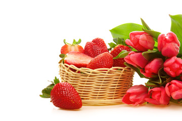 Pink tulips and strawberry isolated.