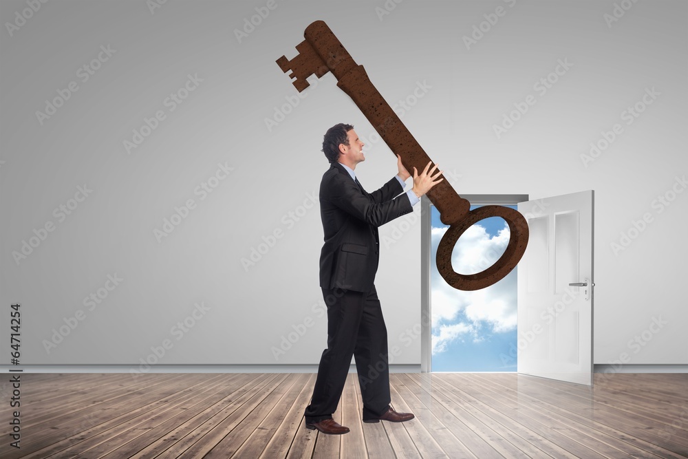 Poster composite image of stressed businessman carrying large key
