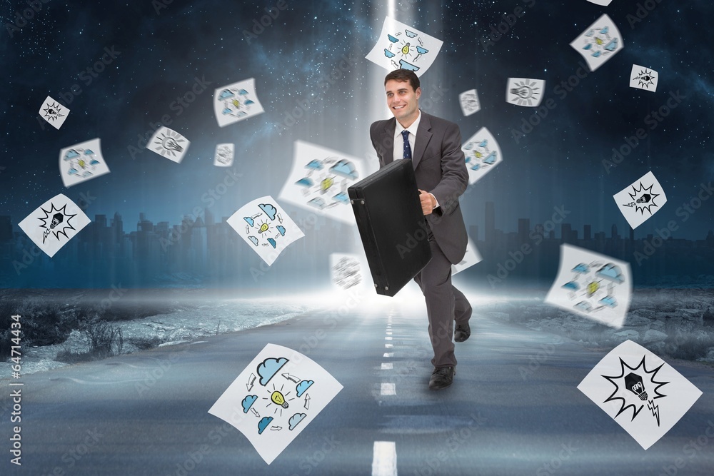 Poster composite image of smiling businessman in a hurry