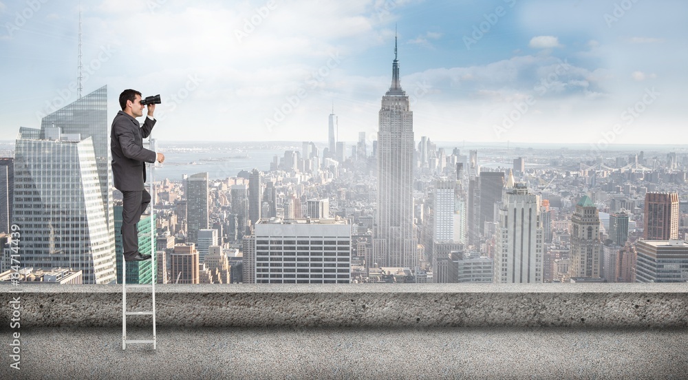 Poster composite image of businessman standing on ladder