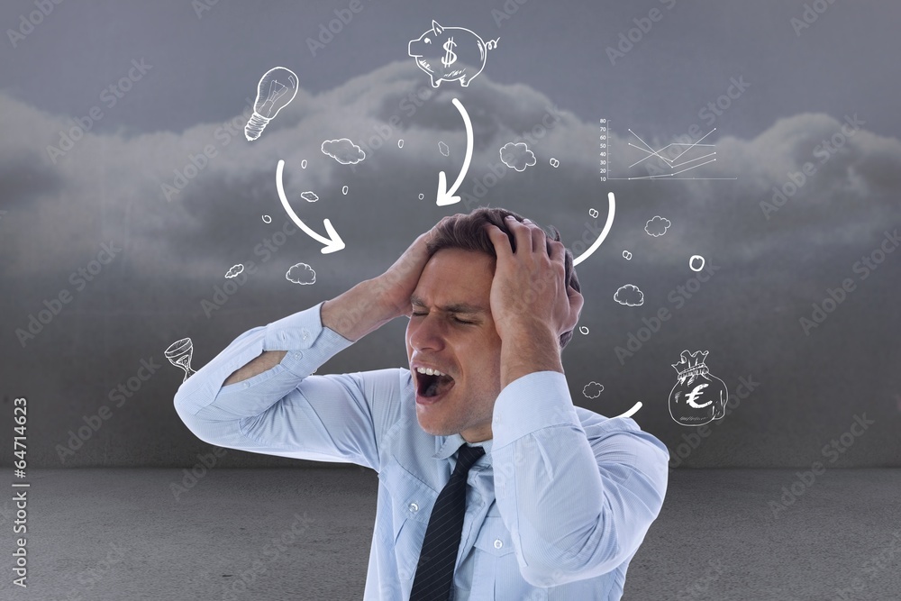 Poster composite image of stressed businessman with hands on head