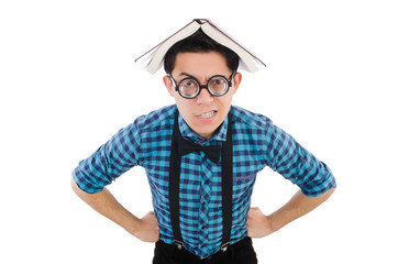 Funny student with books on white