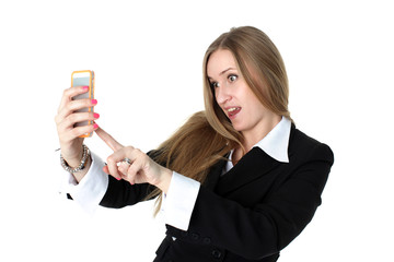 woman in business outfit take a funny self portrait with her pho