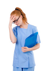 Pretty doctor  in blue uniform with documents  isolated on white