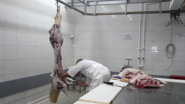 Butcher cutting pork meat with saw