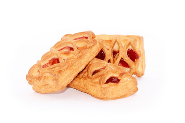 Three sweet rolls with jam on white background