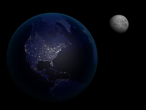 3D rendering Earth and  Moon in the night, high resolution