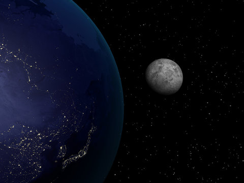 3D rendering Earth and  Moon in the night, high resolution
