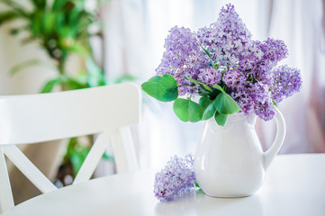 Lilacs in white vase in the kitchen