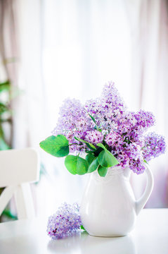 Lilacs in white vase in the kitchen