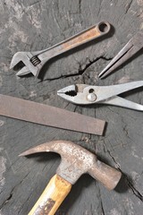 tools on wood background