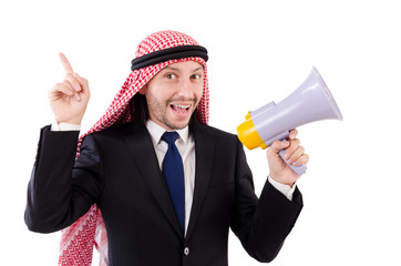 Arab yelling with loudspeaker isolated on white