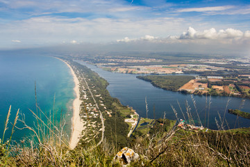 View of beach, lake and clear sea from Mount Circeo - obrazy, fototapety, plakaty