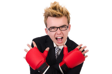 Young businessman boxer isolated on white
