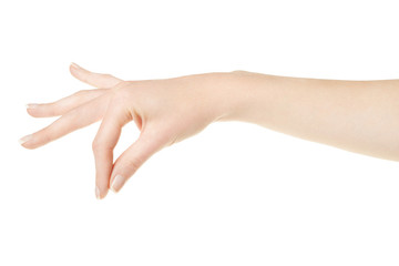 Woman hand with manicure holding items on white, clipping path