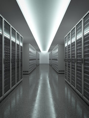 Data Center with long row of servers - obrazy, fototapety, plakaty