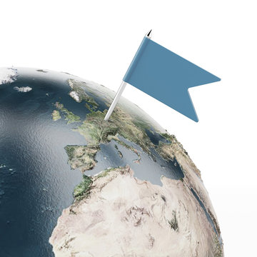 flag pin at the globe (Earth map provided by NASA)