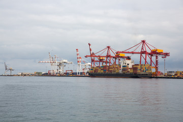 Cargo cranes load ships with containers