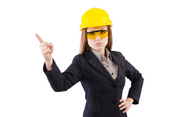 Woman construction worker isolated on white