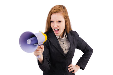 Woman with loudspeaker isolated on the white