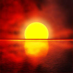 Illustration of sea against the sunset sky. Beautiful seascape.