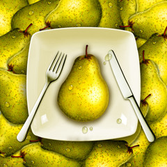 Eating pear, fresh fruits, healthy diet concept