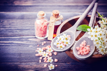 SPA. Aromatherapy essential oils, flowers, sea salt. Spa concept