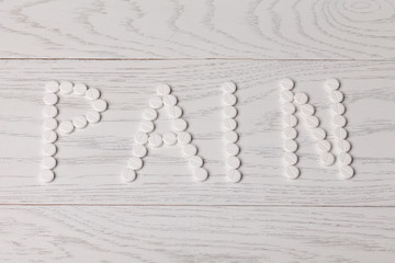 Word pain made of pills on table