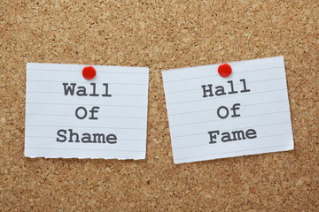 Wall of Shame or Hall of Fame on a cork notice board