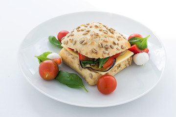 bun with tomato and basil and mozzarella sticks