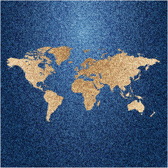 World map on jeans background texture. Vector.