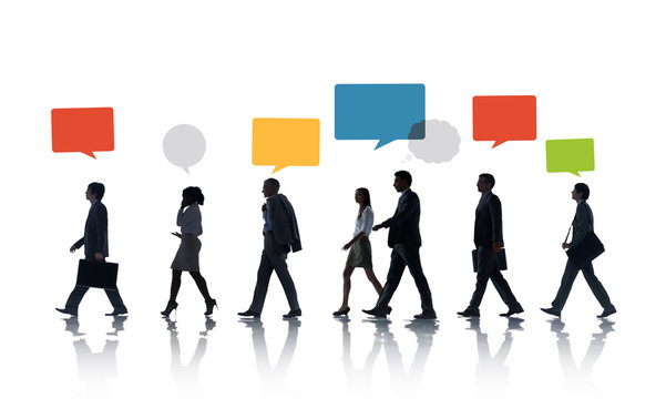 Multiethnic Business People Walking in a Row with Speech Bubble