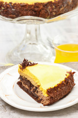 Piece of chocolate layer cake on white ceramic plate