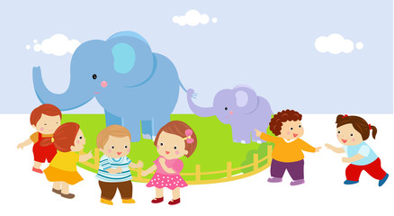 Obraz na płótnie Canvas Kids and elephants