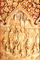 Art of wood carving on door temple